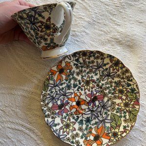 SOLD | Gracie Bone China Chintz Collection Modern Floral Tea Cup Gold Accents